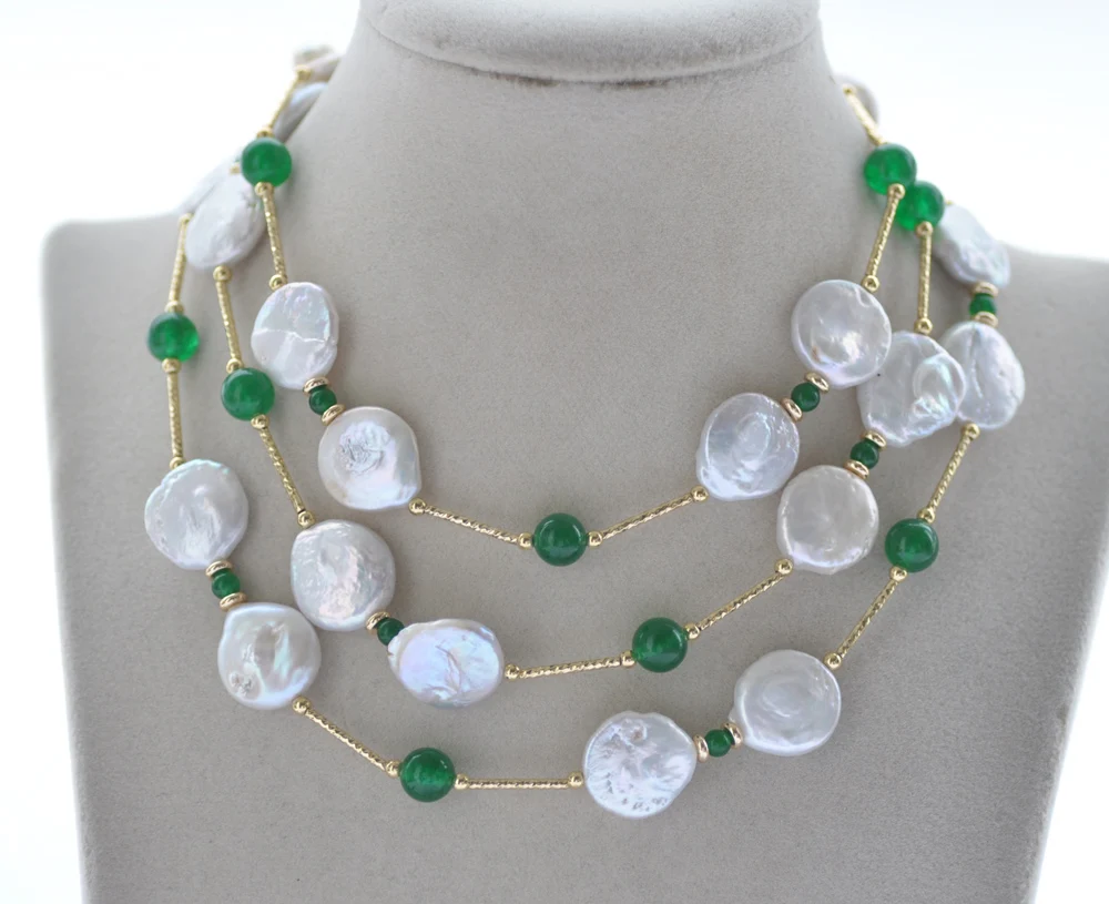 

MCT·STAR Z10758 40" 15mm White Coin Pearl Green Jade Necklace