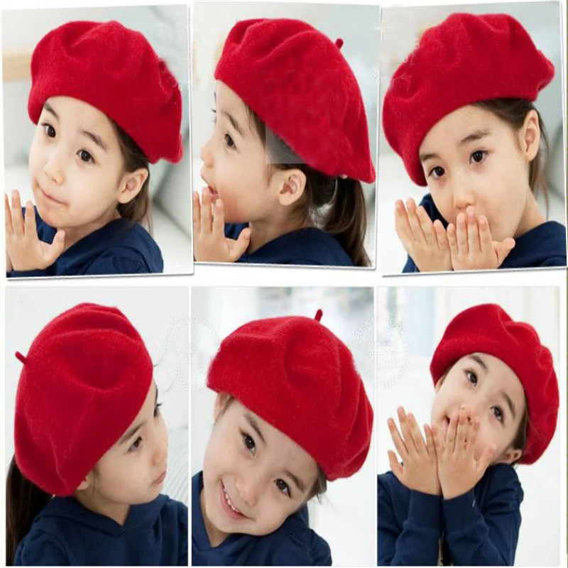 Baby Kids Girls Beret French Artist Warm Wool Winter Beanie Hat Retro Vintage Plain Beret Solid Color Elegant