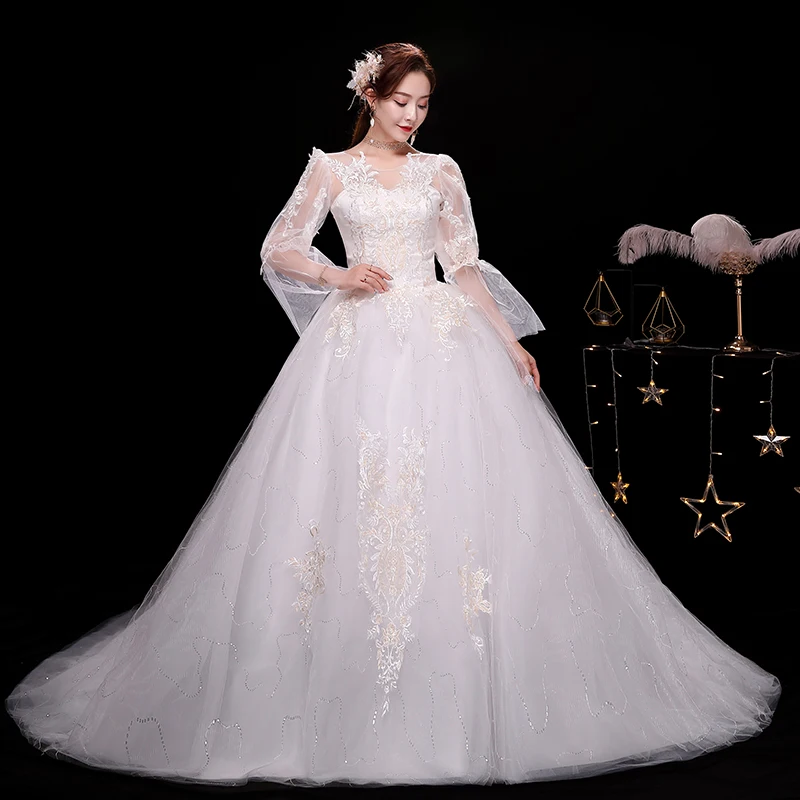 AnXin SH prinzessin blume spitze weiß hochzeit kleid party vintage o hals lange flare hülse weiß zug lace up hochzeit kleid