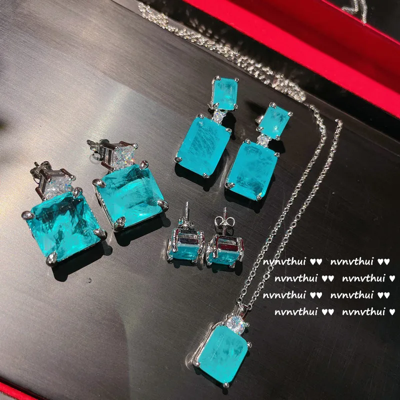 2022 New Narural Lake Blue Color Brazil Paraiba Tourmaline Silver Color Jewelry Women Stud Earrings Necklace Set Wedding Gift