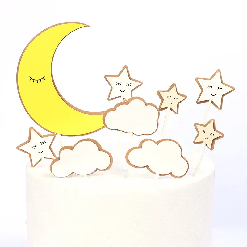 Paper Cupcake Picks Toppers Yellow  Blue  Moon  Star 9 Piece Set Bake Cake Decorative1 Set ( 9 PCs/Set)