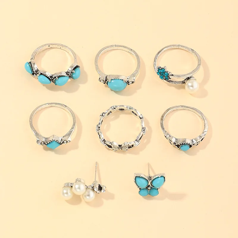 8Pcs/Set Fashion Butterfly Pearl Metal Ring Women Crystal Pavé Elegant Trend Summer Jewelry Accessories Friendship Gift