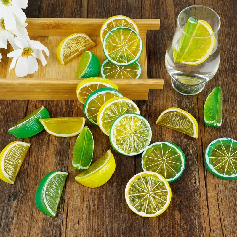 44PCS Artificial Fruits Fake Ice Cube Realistic Fake Lemon Slice Simulation Lemon Block Photography Prop Ornaments Home Decor