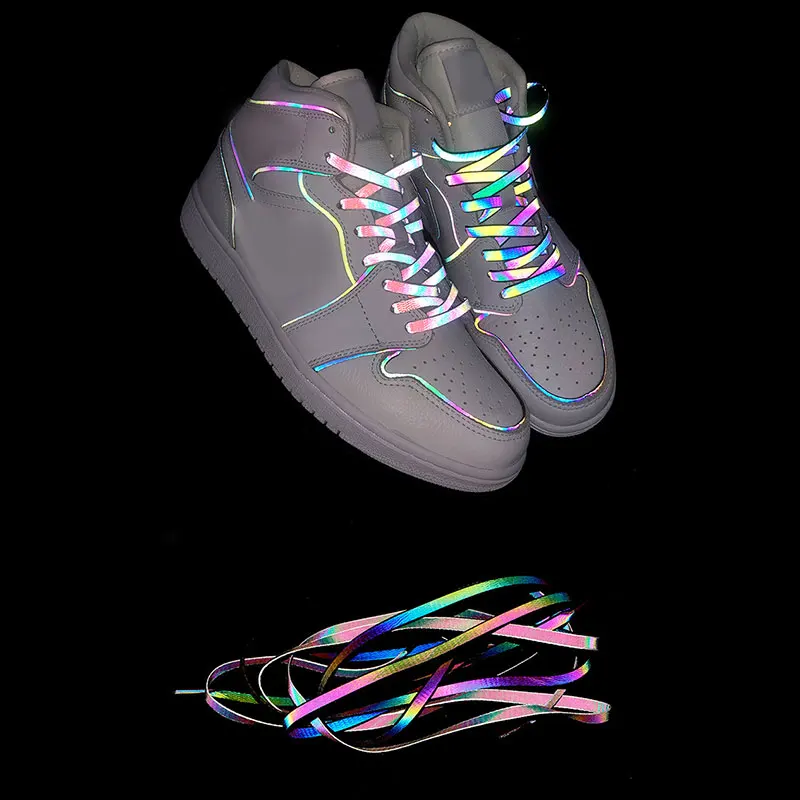 Cordones reflectantes holográficos de doble cara, cordones planos reflectantes de alto brillo para zapatillas de deporte, 120/140/160cm, novedad