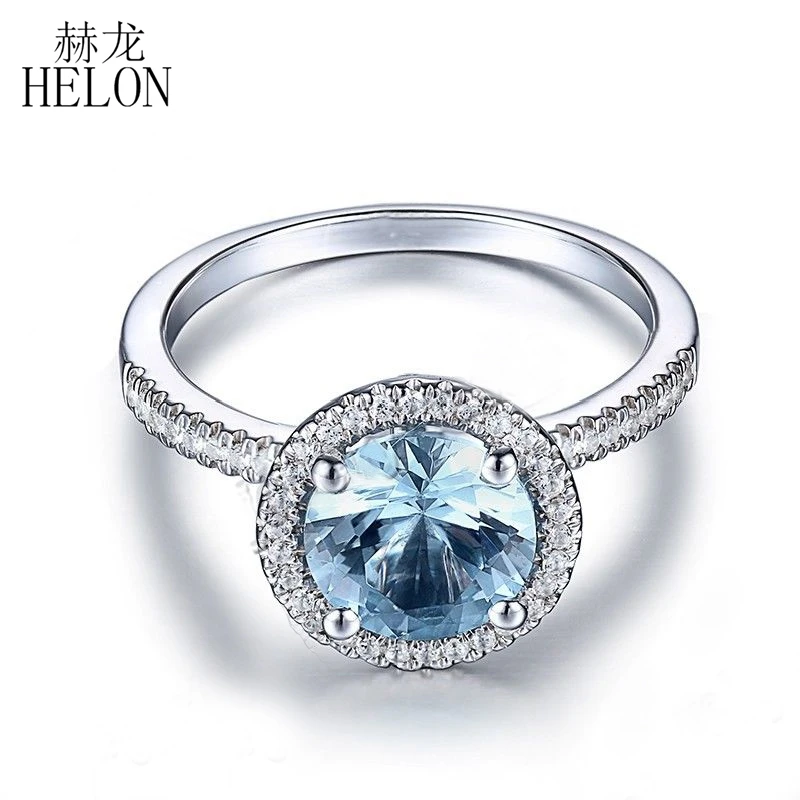 

HELON Solid 10k 14K White Gold Round 8mm Genuine Blue Topaz Diamonds Engagement Ring Women Romantic Jewelry Diamond Ring