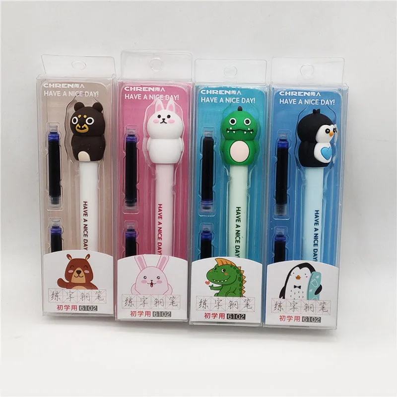 Ensemble de stylo plume effaçable d'animaux de dessin animé mignons avec encre bleue, stylo de calligraphie remplaçable, école, étudiant Kawaii, cadeaux de palissade