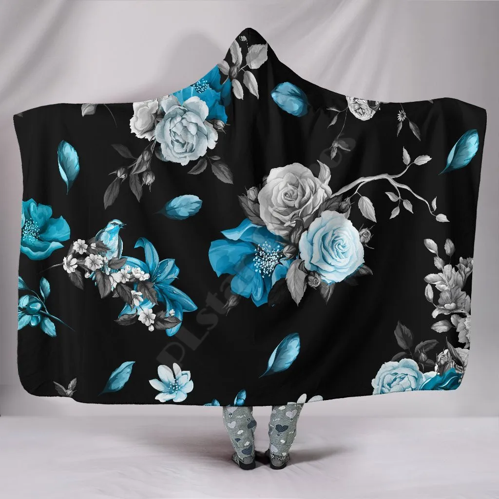 

Blue Roses Hooded Blanket 3D Printed Wearable Blanket Adults For Kids Various Types Hooded Blanket Fleece blanket