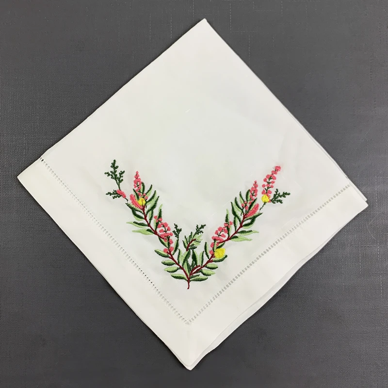 

12 PCS Wedding Napkins White Hemstitched linen Table Napkin With Color Embroidered Floral Dinner Napkins 18x18-inch