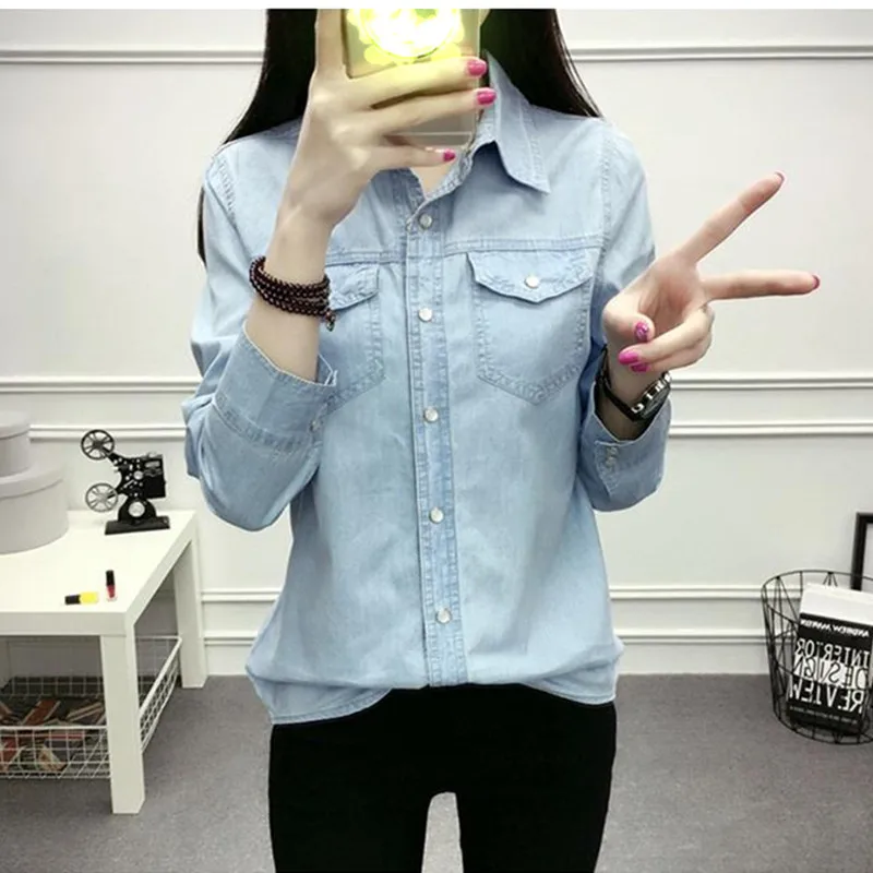 UHYTGF Large Size Denim Shirt Tops Women Spring Blouses Jacket For Women Thin Jeans Coat Long Sleeve Fashion Female Clothing 156