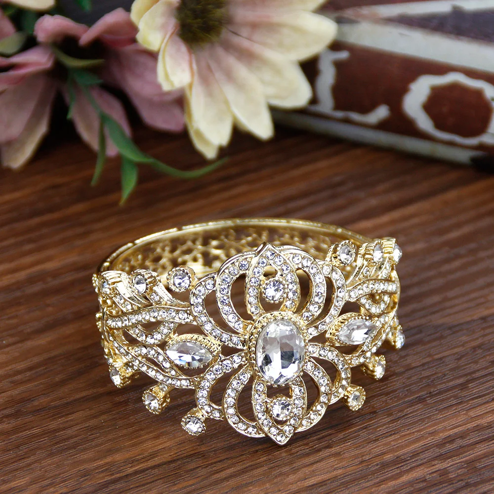 Sunspicems 18K Gold Color Crystal Morocco Cuff Bracelet Bangle Algeria Bride Wedding Jewelry Flower Turkey Arabic Bangle Gift