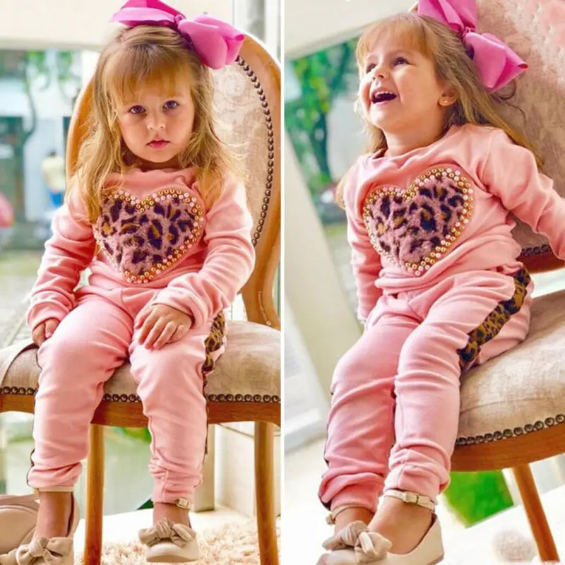 PUDCOCO 2PCS Toddler Kids Baby Girls Long Sleeve Leopard Tops Pants Leggings Outfits Clothes Tracksuit 1-6T