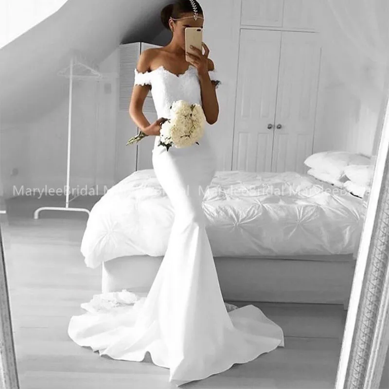 Vestido de novia de sirena, con hombros descubiertos blanco vestido de novia, tren capilla, personalizable