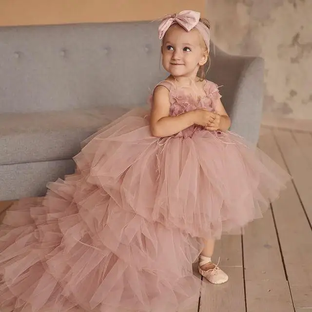 

Cute Pink Baby Girls Dresses Ruffles Feather Flower Girl Dress For Weddings Children Princess Birthday Party Gowns