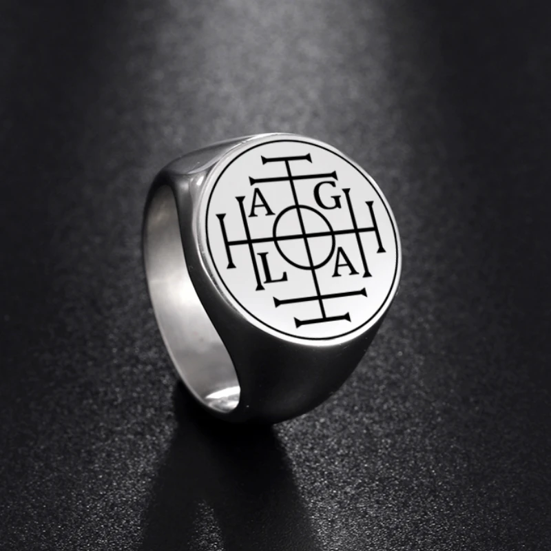 LIKGREAT AGLA Solomon Kabbalah Wheel of Fortune Protection Amulet Men's Ring Stainless Steel Big Signet Ring Jewelry Gift