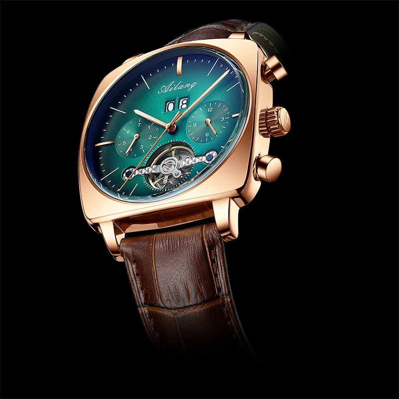 ساعة AILANG بتصميم أصلي للرجال أوتوماتيكية ميكانيكية مقاومة للماء بتقويم مجوف وحزام جلدي أنيق للأعمال