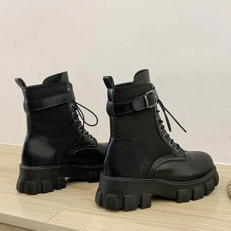 2020 Black Platform Combat Ankle Boots For Women Lace Up Buckle Strap Woman Shoes Winter Biker Boots Big Size