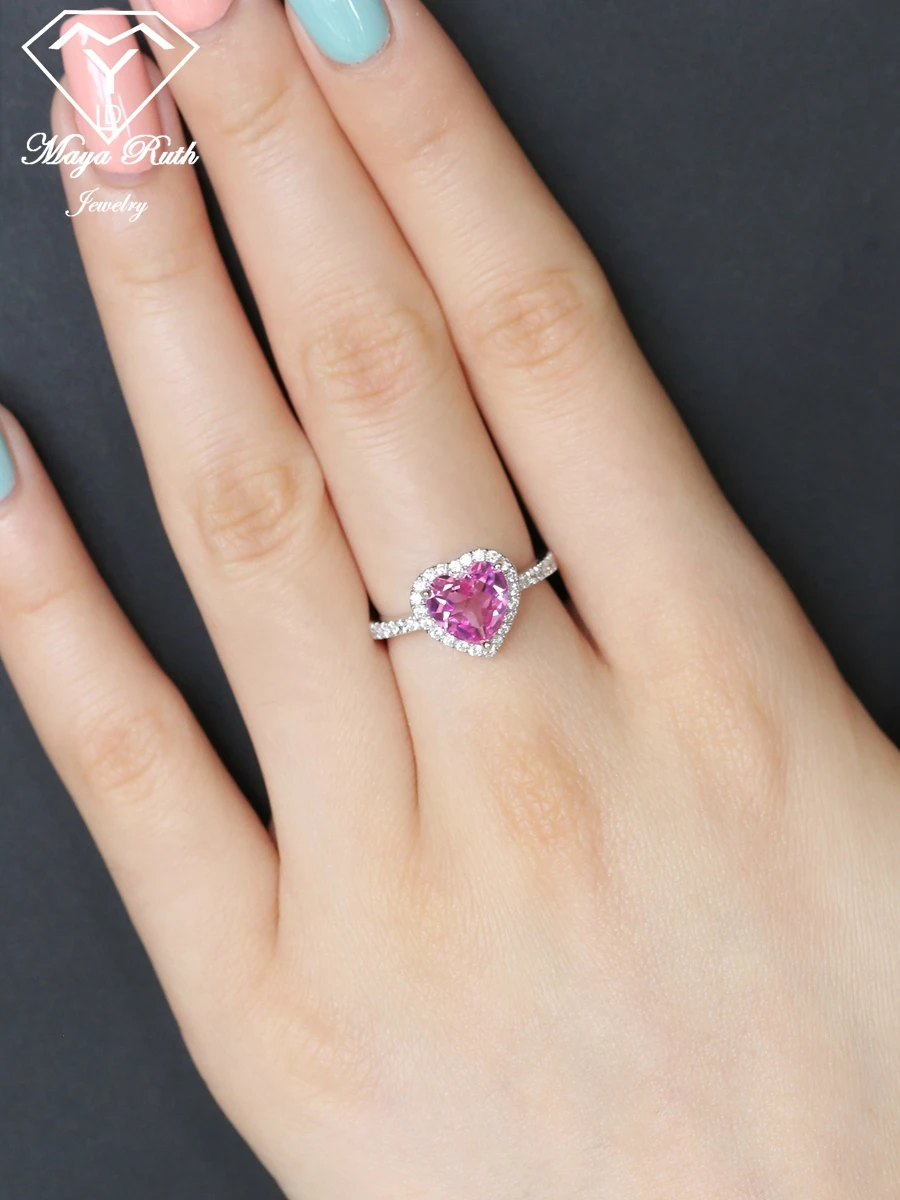 Created Pink Sapphire Real 925 Sterling Silver Party Ring For Women Imitation Gemstone Heart Shape Female Love Aesthetic Gifts