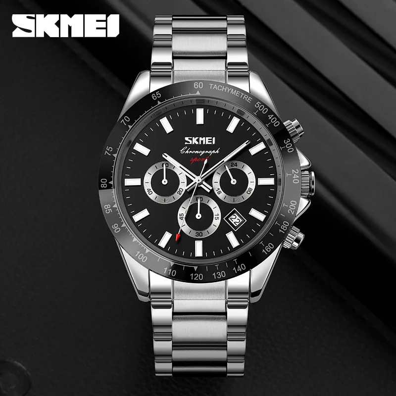 Stainless Steel Quartz Watch SKMEI Men's Watches Luxury Fashion Man Watches Stopwatch Calendar Clock Reloj Hombre Wristwatch