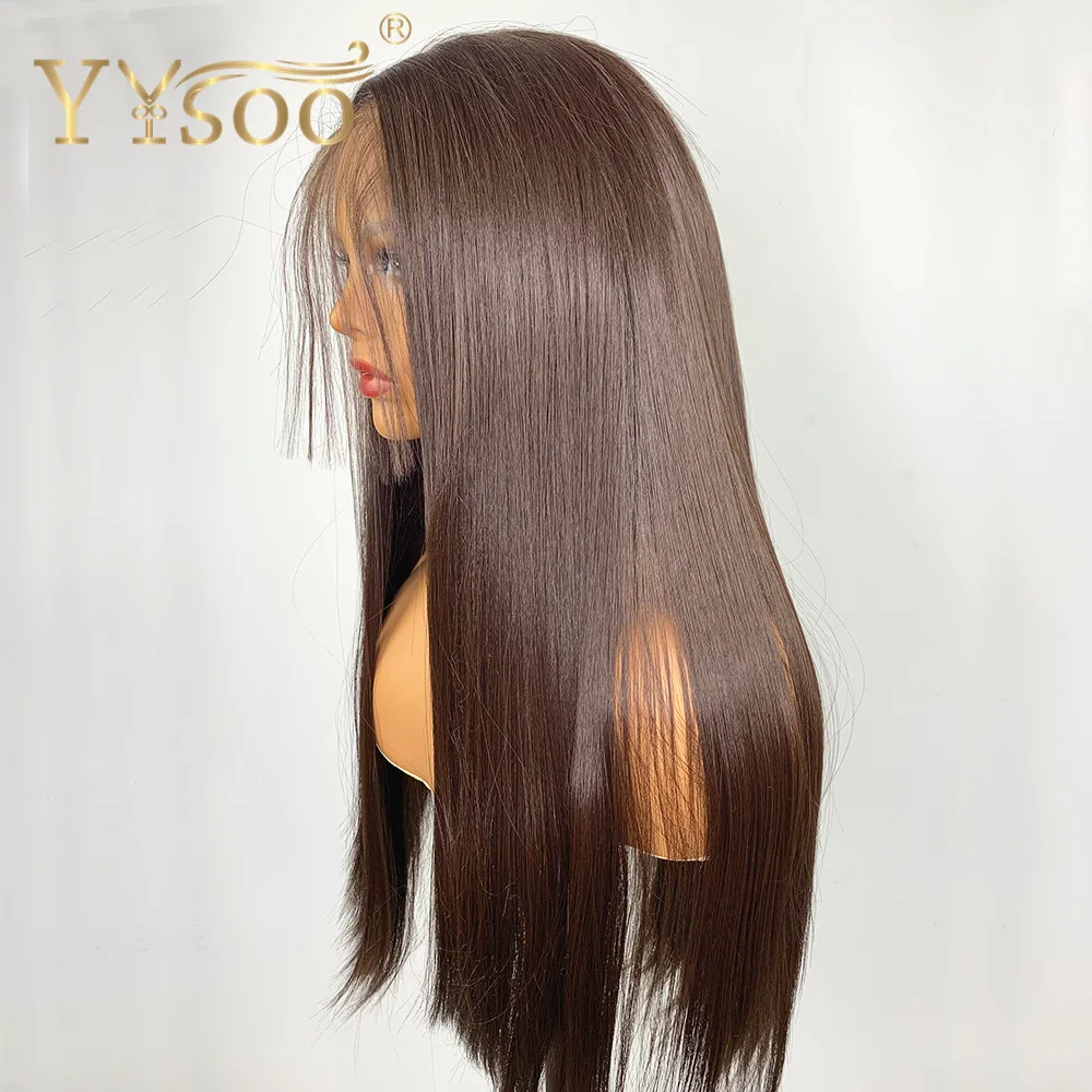 YYsoo-Peluca de cabello sintético para mujeres negras, cabellera de 13x4 de largo, Color liso y sedoso con malla frontal, resistente al calor, fibra