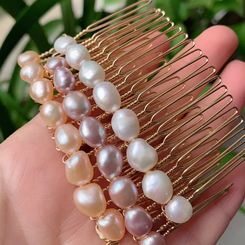 Elegante joyería para el cabello de perlas naturales de agua dulce, accesorios para el cabello nupciales de boda, peines de perlas barrocas de color blanco púrpura, Clip francés