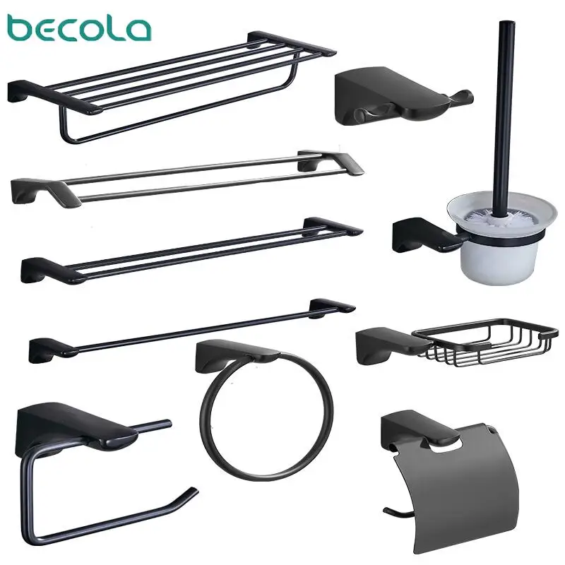 

Wall-mounted Bathroom Hardware Accessories Clothes Hook Towel Bar Toilet Brush Facilities Black Bathroom Sets