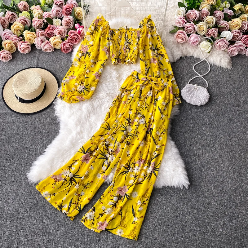 Boho Two Piece Set Women Print Off Shoulder Crop Top And High Waist Wide Leg Woman Pants Autumn 2 Piece Sets Fashion Lounge Wear