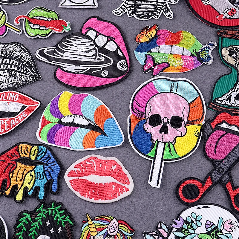 

Embroidered Patch Hippie Patches For Clothing Stickers Sexy Lips Iron On Patches On Clothes Stripes Skull Badges On Backpack