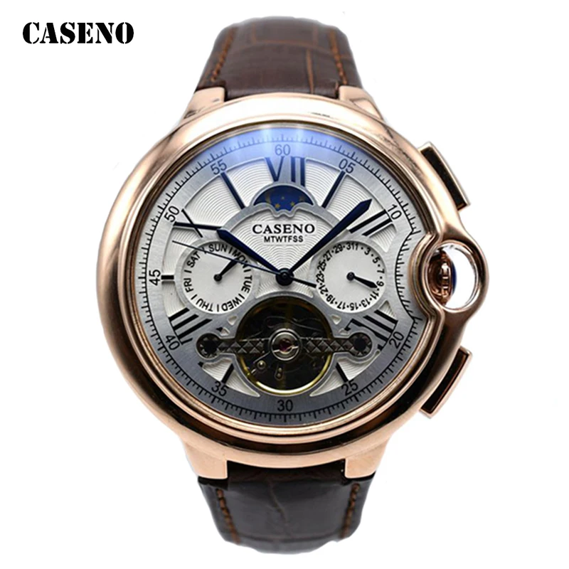 Tourbillon Mens Watch Top Brand Luxury Belt Watch Men Automatic Mechanical Wristwatch Skeleton Sport Male Clocks relogio CASENO