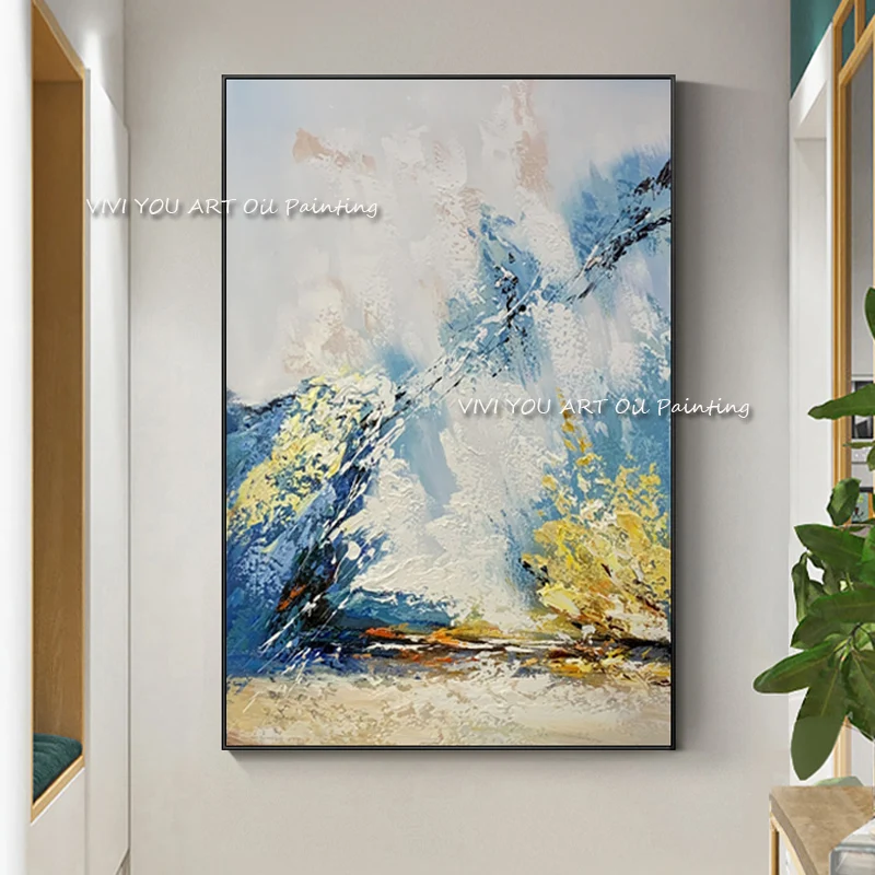 The Special Offer Handmade Blue Gray Yellow Oil Paintings on Canvas Abstract Palette Wall Picture for Office Living Room Decor