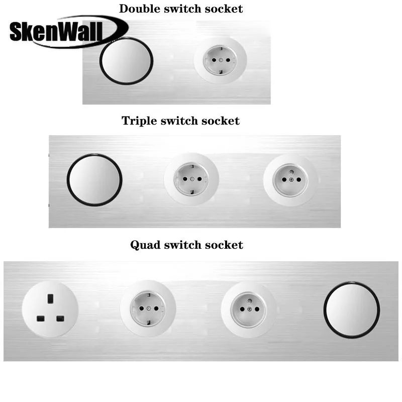 UK Socket EU Socket Triple Panel DIY Household Silver Aluminum Alloy Panel Switch Socket 90V-250V