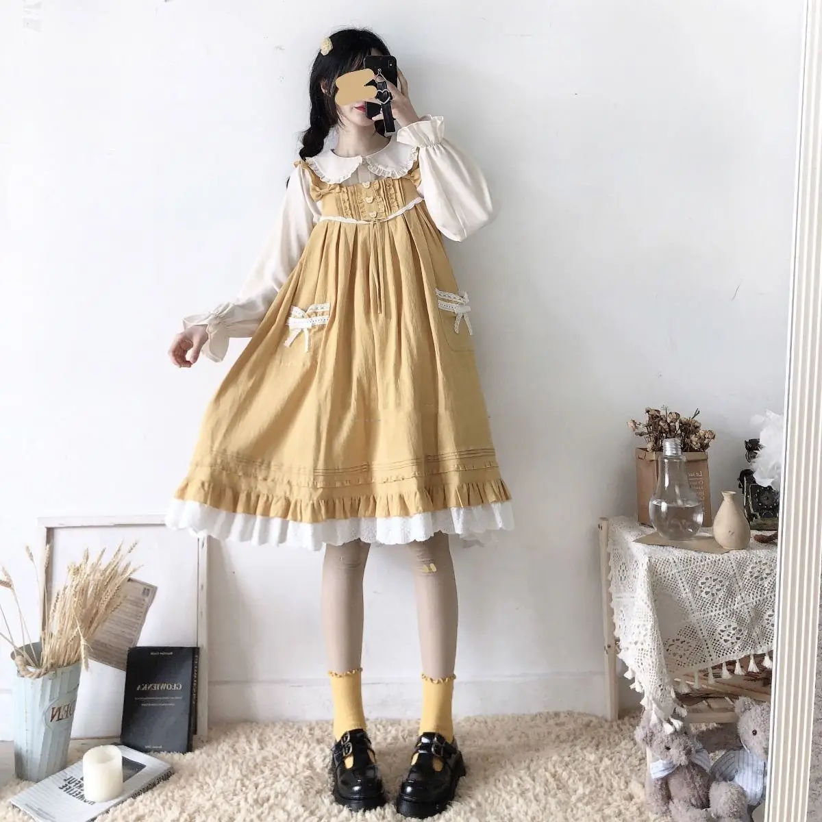 Peter Pan Kragen Süßes Hemd Frauen Lolita Japanische Kawaii Bluse Puff Langarm Elegante Weiße Weibliche Top Grundlegende Schule Shirts – Detail 8