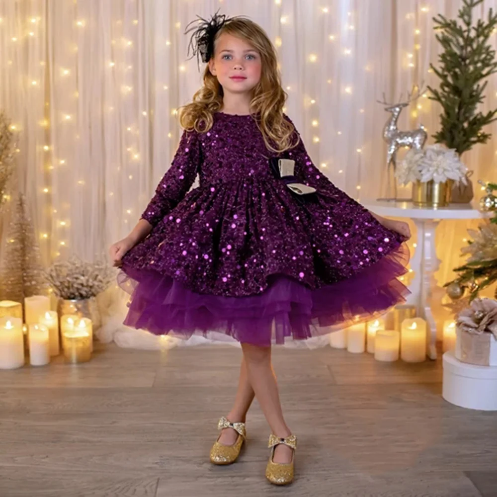 Robe de demoiselle d'honneur à paillettes violettes, à manches longues, robe de bal à paillettes, robe de concours d'anniversaire, robe de Communion