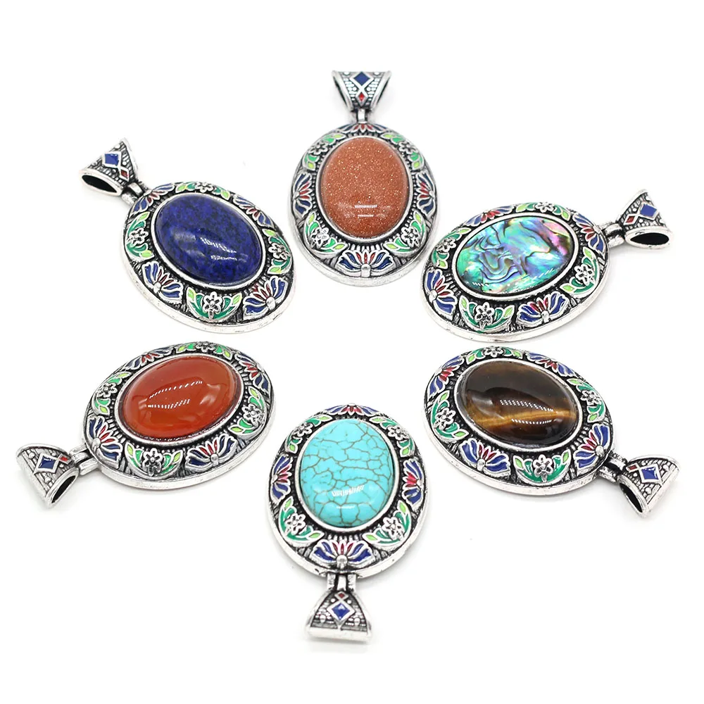 Natural Gem Stone Shell Pendant Cloisonne Enamel Antique Tiger Eye Lapis Lazuli Charms for Women Jewelry Making DIY Necklace