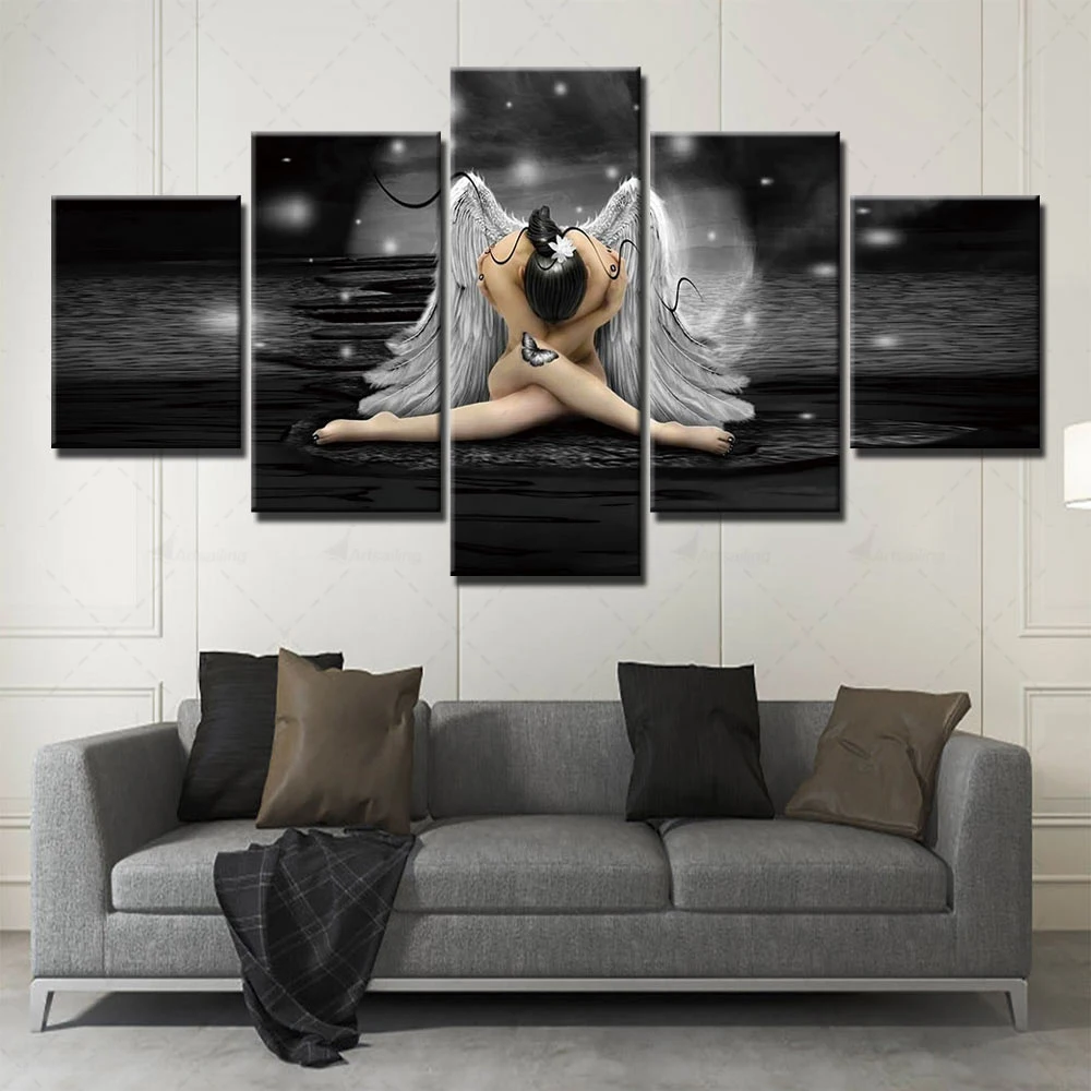 Home Decoration Hd Prints Angel Wings Painting Girl Picture Wall Art Modular Canvas Poster Modern Frame Bedside Background 5 Set