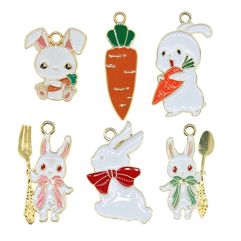 10pcs/lot Cute Enamel Bunny Holding Cutlery Spoon Fork Charm Radish Rabbit Bow For Earrings Necklace Bracelet DIY Jewelry Making