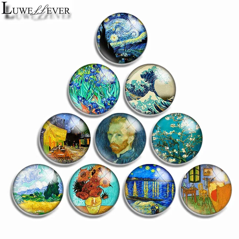 12mm 10mm 16mm 20mm 25mm 30mm 555 Gogh Painting Mix Round Glass Cabochon Jewelry Finding 18mm Snap Button Charm Bracelet