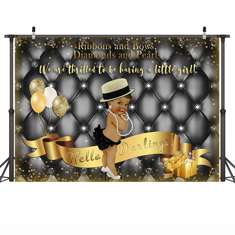 Meisje Baby Douche Achtergrond Linten En Strikken Diamanten En Peals Party Achtergrond Gift Pasgeboren Prinses Ballonnen Goud Zwart