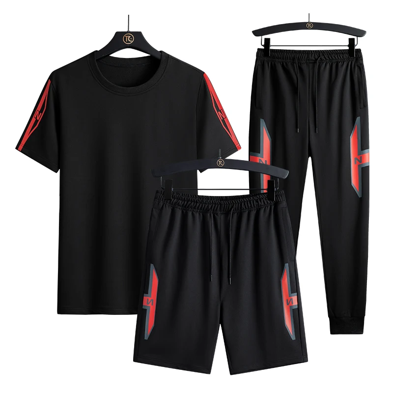 Gym Sport 3 Piece Set Men Polyester Breathable Fitness Training Sportswear Plus Size Jogging Tee Sweatpants Tracksuit Suit