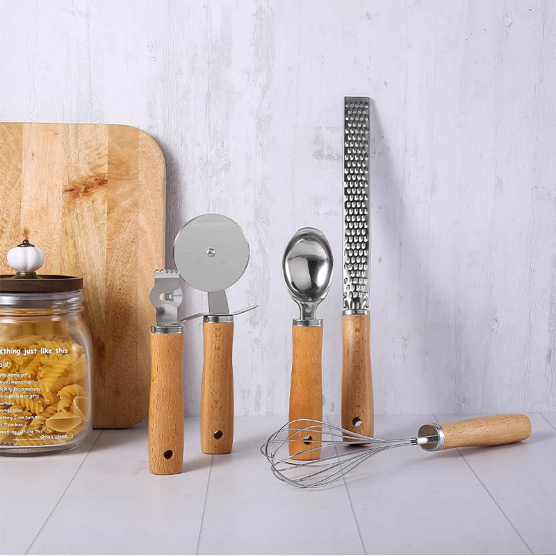 Kitchen Gadget Cooking Utensils Wooden Handle Toy Stainless Steel Baking Set Pizza Cutter Egg Beater Suit Cheese Knife Planer