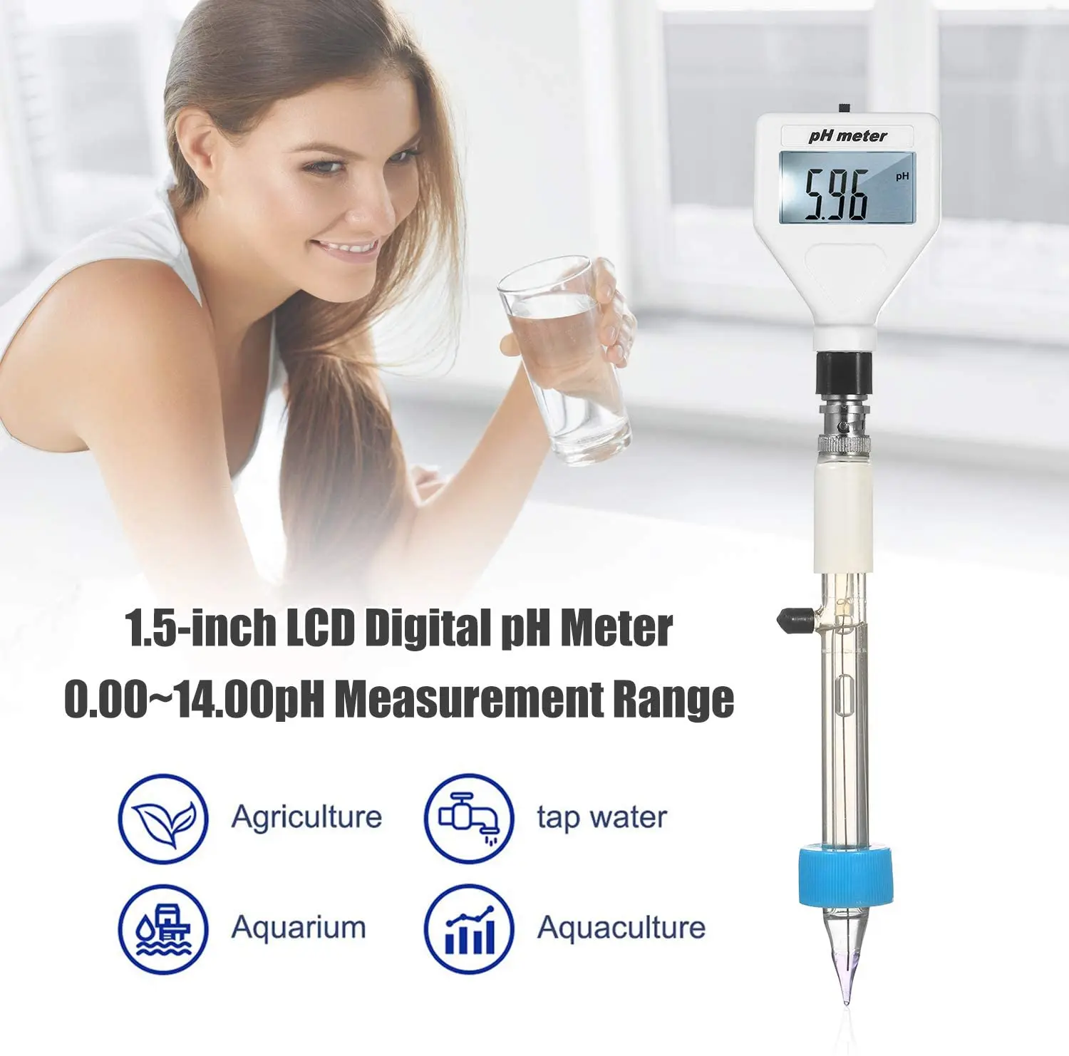 PH-98211 pH Meter Sharp Glass Electrode for Water Food Meat Cheese Milk Soil Bread Aquaculture Hydroponics pH Test 0.00~14.00pH