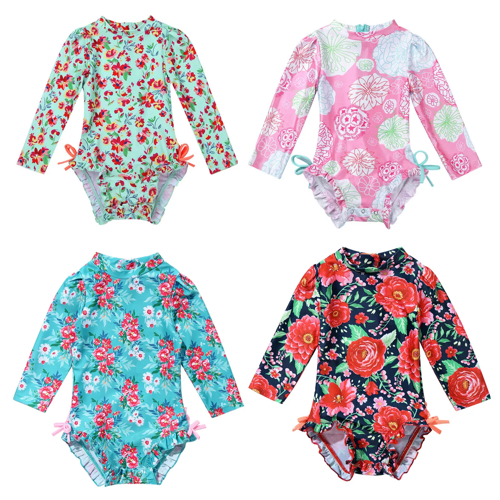 Infant Baby Girl Swimsuit Long Sleeve Floral Printed One-Piece Swimwear Toddler Girl Beachwear Swim Suit Bathing Suit Rash Guard