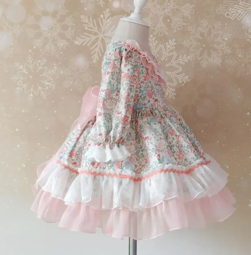 baby girl auutmn winter Spanish Country style floral princess dress mesh stitching Lolita vintage ball gown dress