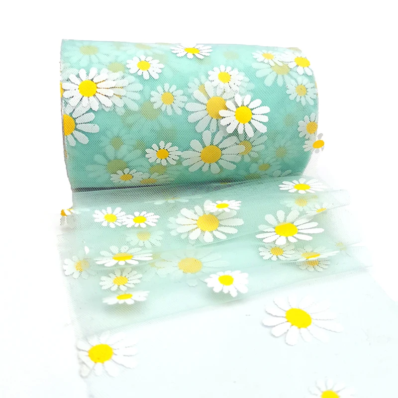 12cm 25Yards Daisy Tulle Soft Flower Floret Mesh Handmade Craft Ornament Baking Decoration Sunflower Printed Gauze Fabric Supply