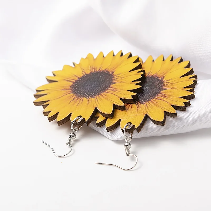 Wholesale Wood Sunflower Earrings for Women Yellow Big Daisy Sunflower Statement Earring Fashion Jewelry Best Friend Gifts