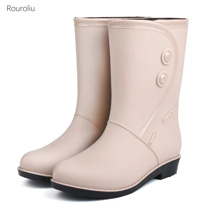 

2021 Women Mid-calf Rain Boots Non-slip Short Outdoor Rain Shoes Woman Solid Waterproof Rainboots Warm Plush Inserts