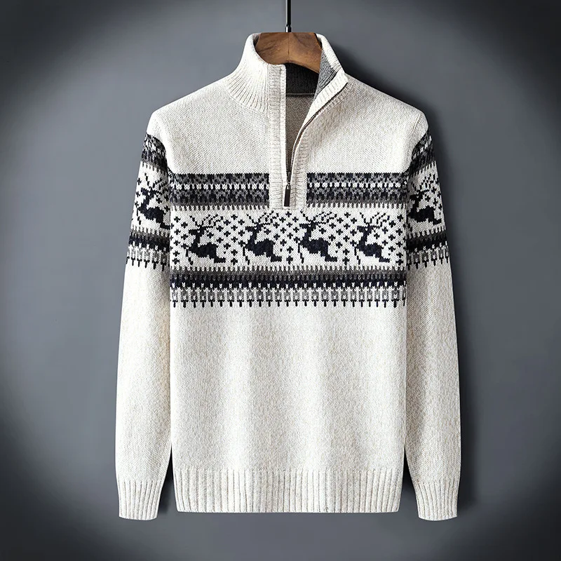 Men Winter Vintage Mock Neck Sweater Pullover Men Autumn New Casual Jacquard Warm Half Zip Christmas Knit Sweater Tops