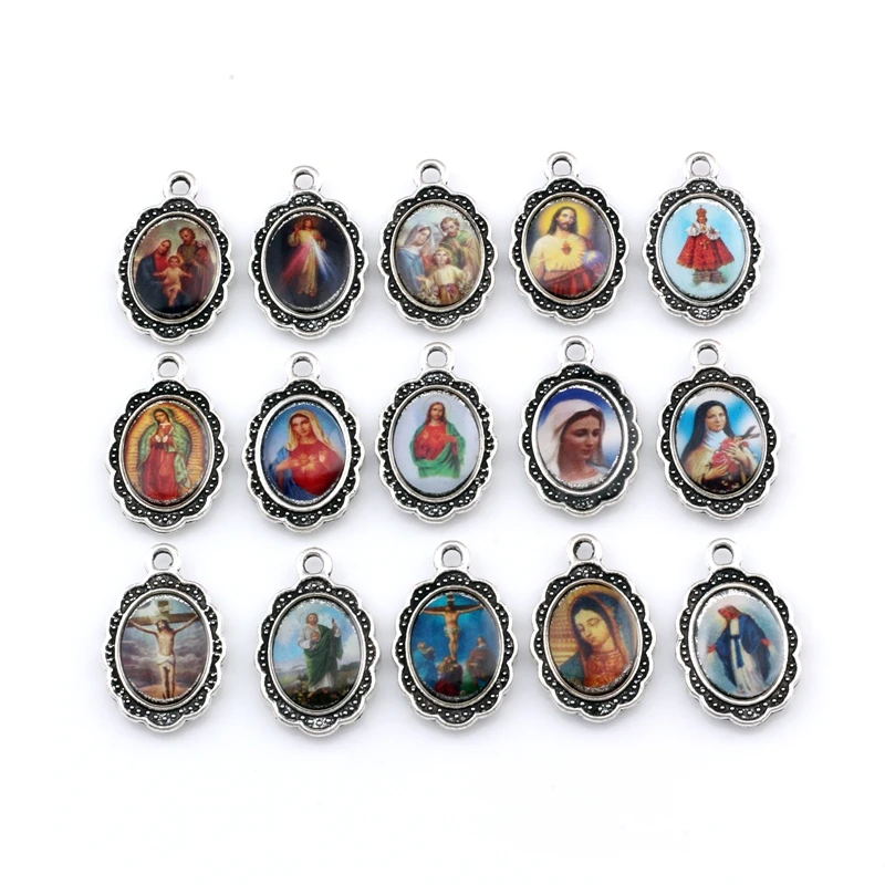 15Pcs Mix Picture Cross Jesus Enamel Our Lady Virgin Mary Miraculous Medal Floral Rosary Centerpiece Alloy Crucifix  A-567