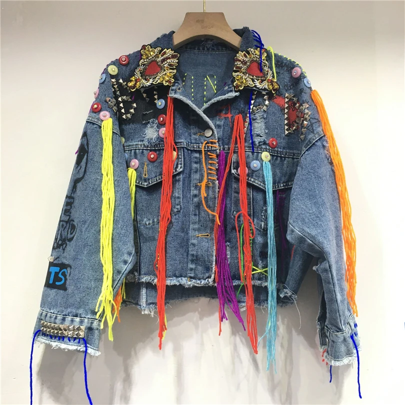 

2024 Spring New Fashion Denim Jacket For Women Beading Rivets Tassels Hipster Short Jean Coat Female Cowboy Tops Streetwear