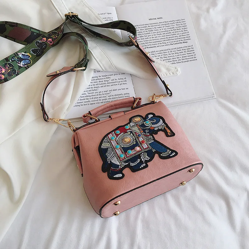 Hot Vintage Embroidered Elephant Bag Women\'s PU Leather Wide Handle One Shoulder Crossbody Women\'s Handbag Christmas Gift