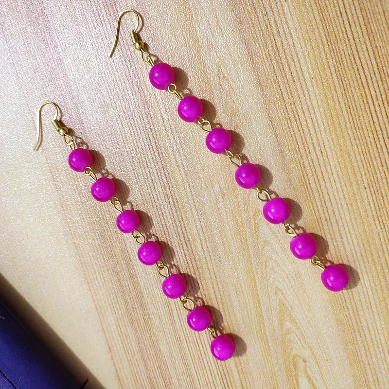 Long Hot Pink Glass Bead Drop Earrings 11 cm Dancing earrings Handmade Earrings Coloured Paint Beads Gold Hooks Friendly Jewelry